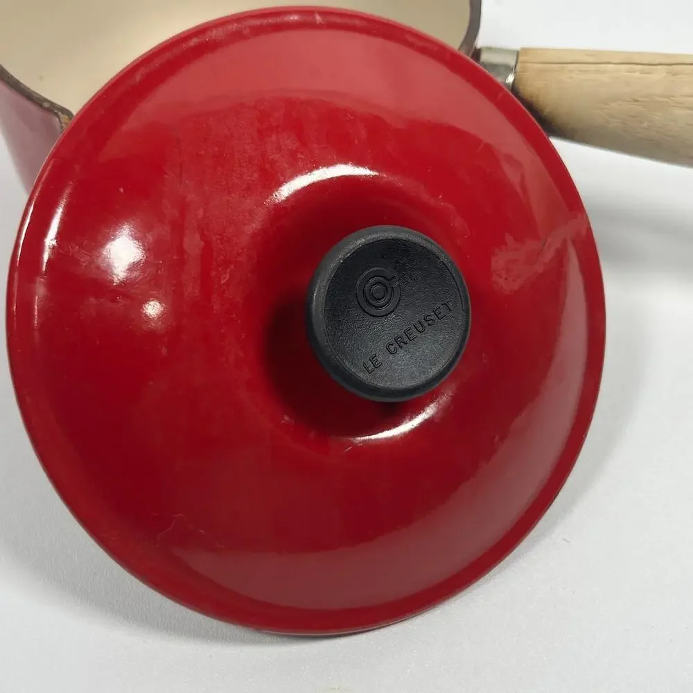 LE CREUSET Saucepan #14 Wooden Handle Lid Enameled Cast Iron Red France CLEAN